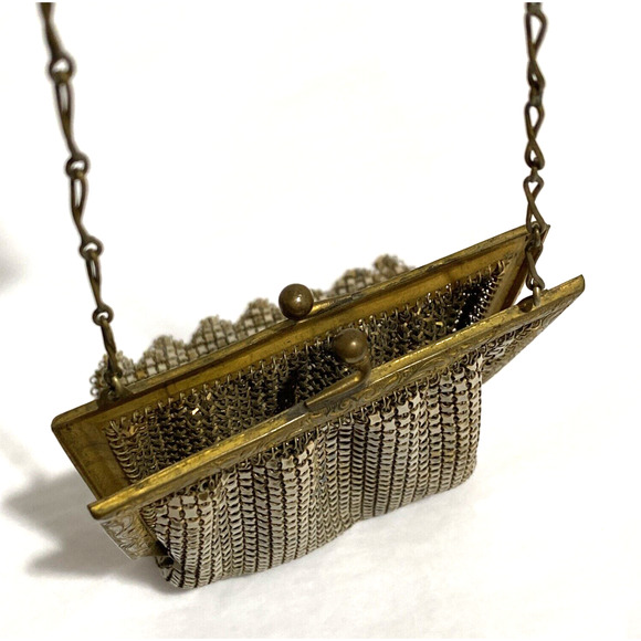 Vintage 1920s metal mesh purse Art Deco geometric white enamel blue gold flaws - Picture 9 of 12
